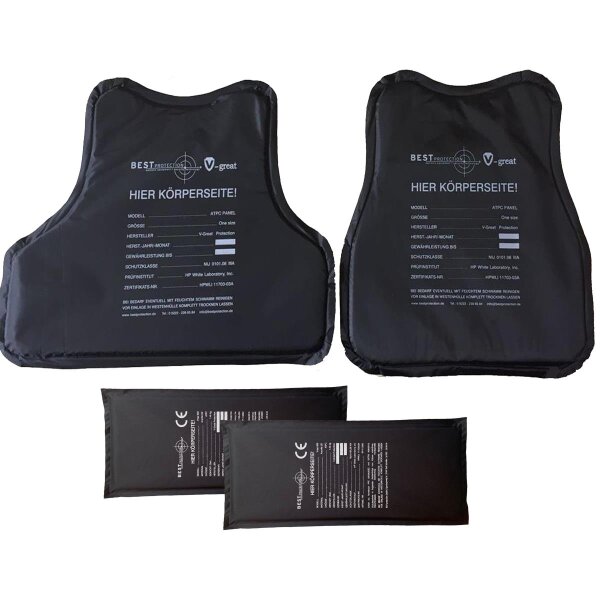 BPV 4er Set NIJ Level 3A Ballistische Einlagen f&uuml;r Plattentr&auml;ger ATPC (Vorder-, R&uuml;cken, 2 Seitenteile)